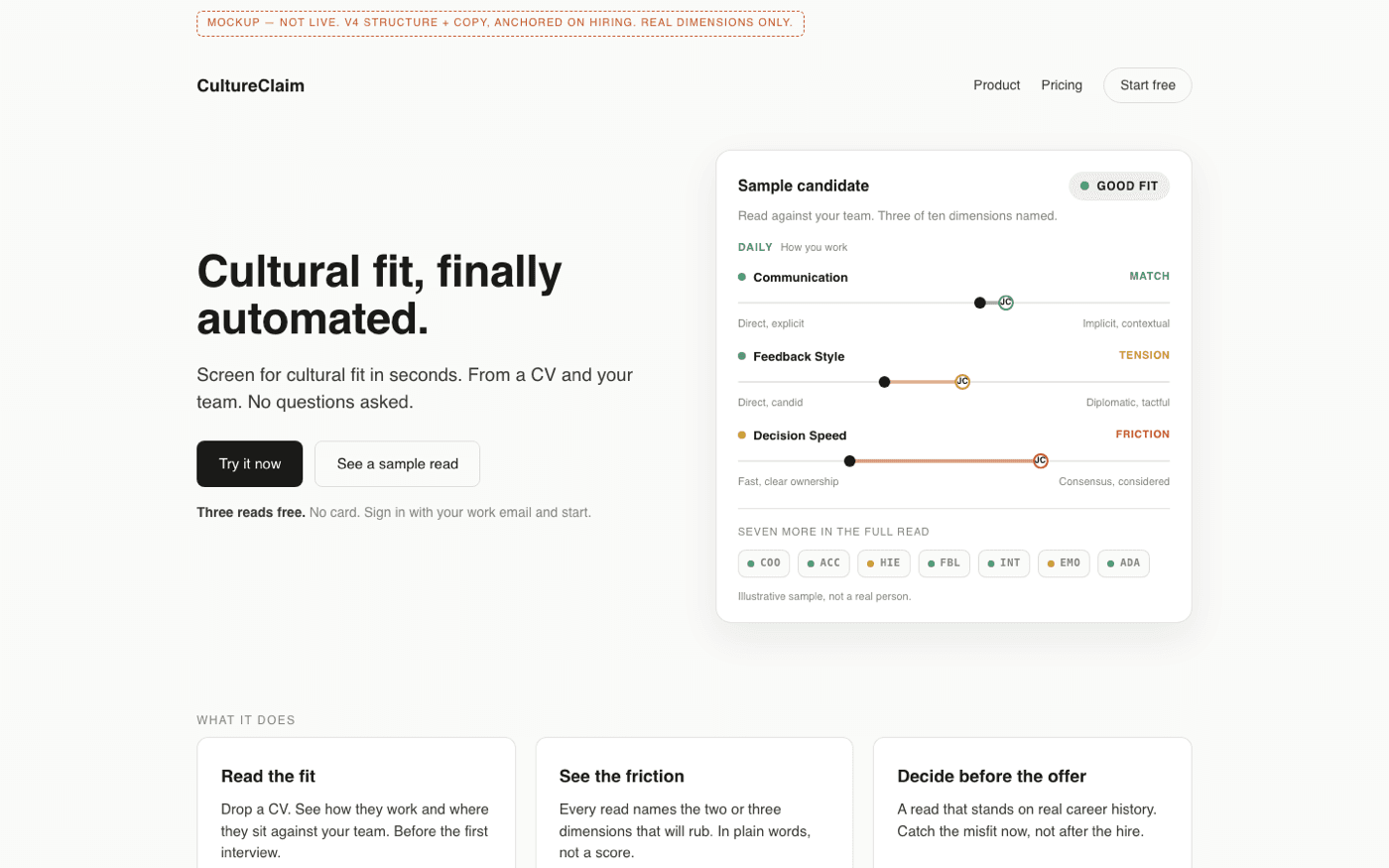 CultureClaim landing v3 — the sample read carries the pitch